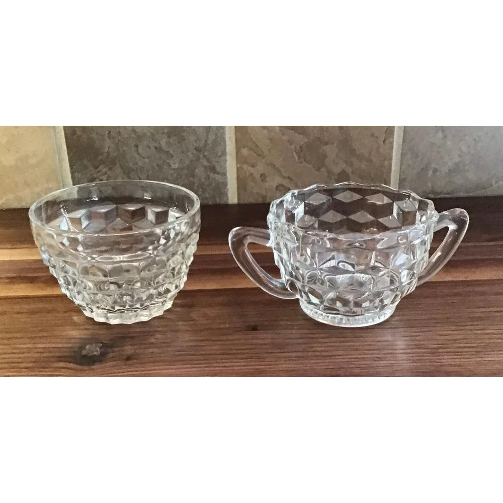Vintage Fostoria American Clear Glass Creamer & Sugar Bowl Set Trad Mid Century